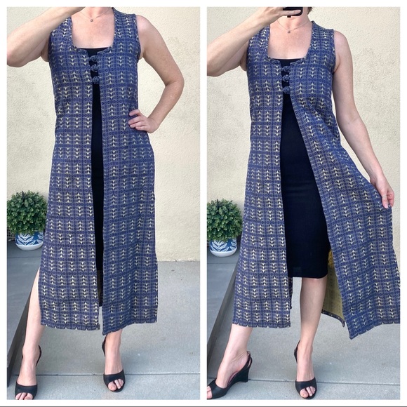 Vintage Jackets & Blazers - Vintage long vest Indian ethnic duster jacket sleeveless dress metallic maxi S